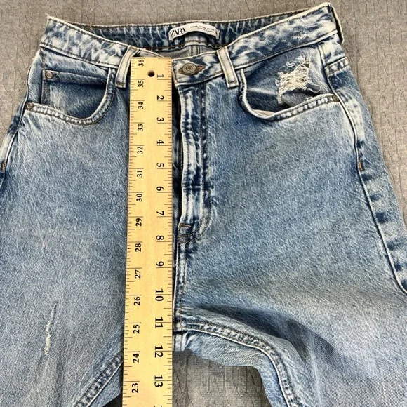 Bootcut ZARA High Rise Flare Jeans Women‎ 25X34 Distressed Split Hem light wash - Picture 6 of 10